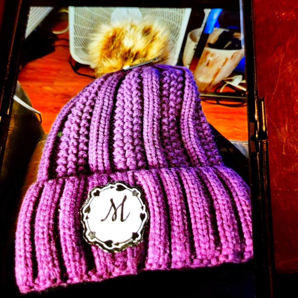 Monogram margulez custom beanie with raccoon ball purple